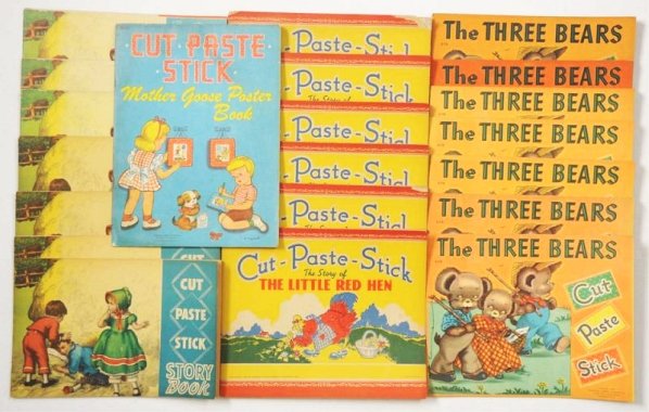 Lot of 33: Samuel Lowe Cut Paste Stick Books.: This lot is from the Samuel Lowe Publishing archive. These 33 books represent four different titles. The Three Bears, The Little Red Hen, Mother Goose, and the Cut Paste Stick Book. There is some mino