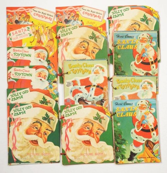 Lot of 15: Samuel Lowe Santa Clause Books & Sets.: This lot is from the Samuel Lowe Publishing archive. Includes seven sets of Santa books held together by a small chain or a plastic spiral clip. There are also eight small Santa story books as well. T