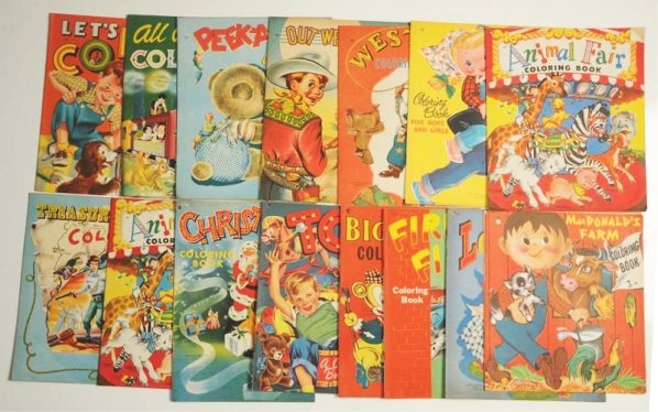 Lot of 13: Abbot Publishing Coloring Books.: This lot is from the Samuel Lowe Publishing archive. Includes titles such as Out West, Peek-a-Boo, Treasure Island, Christmas and nine others. Condition (Excellent).