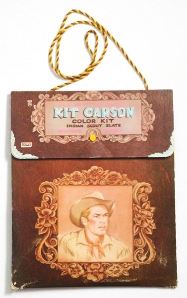 1950s Lowe Pub. Kit Carson Color Kit.: This lot is from the Samuel Lowe Publishing archive. This Kit Carson Coloring Kit includes coloring sheets, crayons, a magic slate (damaged), and an Indian Sign Language Chart. Apparently this set was