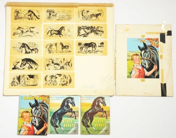 1959 Samuel Lowe Black Beauty Book.: This is a lot from Samuel Lowe Publishing archive. It includes the original color front cover art and13 black and white interior page sketches. Three editions of the book ae also included. Condition (