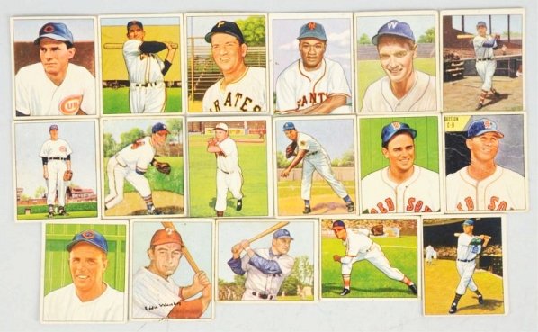 Lot of 17: 1950 Bowman Baseball Cards.: Including minor stars Johnny Vander Meer, Eddy Watkus, Alvin Dark and others. All have tape residue on backs. Condition (Very Good). Size Each: 2 - 1/2" x 2".