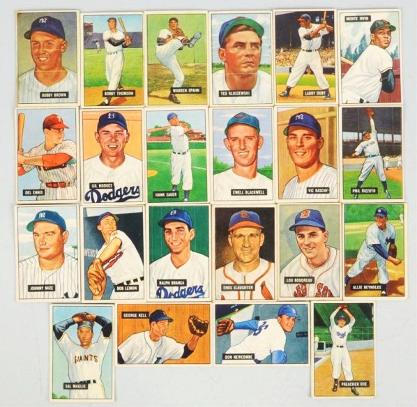 Lot of 22: 1951 Bowman Baseball Cards.: Includes Hall of Famers Phil Rizzuto, Warran Spahn, and minor stars. Various condition. Have some tape residue on backs. Condition (Very Good). Size Each: 3 - 1/4" x 2".