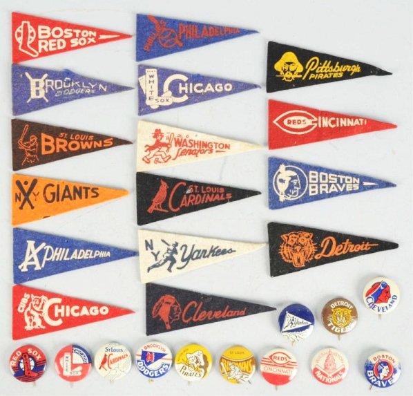 Lot of Early Major League Baseball Pins/Pennants.: Many teams represented. Circa 1950s. A Brooklyn Dodgers, St. Louis Browns, Pittsburgh Pirates, and many others. 16 pennants and 12 buttons. Condition (Very Good - Excellent). Size Largest: 4" L.