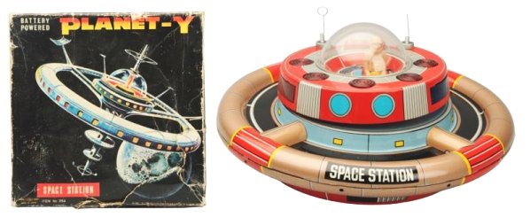 Tin Litho Battery Op. Space Station Planet Y.: Made in Japan by Nomura. Working. Original box. Box has several large tears to the face and several areas of creases throughout. Toy (Near Mint). Box (Good). Size 9" Dia.