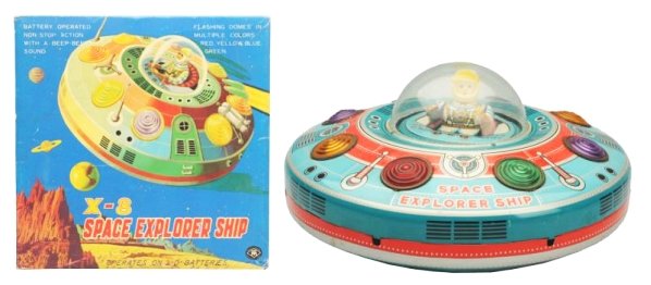 Tin Litho Battery Op. Space Explorer Ship X-8.: Made in Japan by Masudaya. Working but is sporadic. Has original box. Some oxidation on the chrome grommets around the lights. Small melt mark to top of the dome. Toy (Excellent). Box (Near Mint). Siz