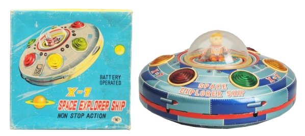 Battery Operated Space Explorer Ship X-7.: Made in Japan by Masudaya, working. Has box. Size 7 - 3/4" Dia.