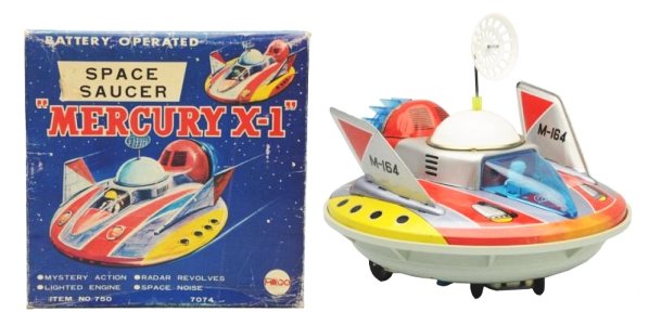 Battery Operated M-164 Space Ship.: Made in Japan, working. Has box. Size 7 - 1/2" Dia.