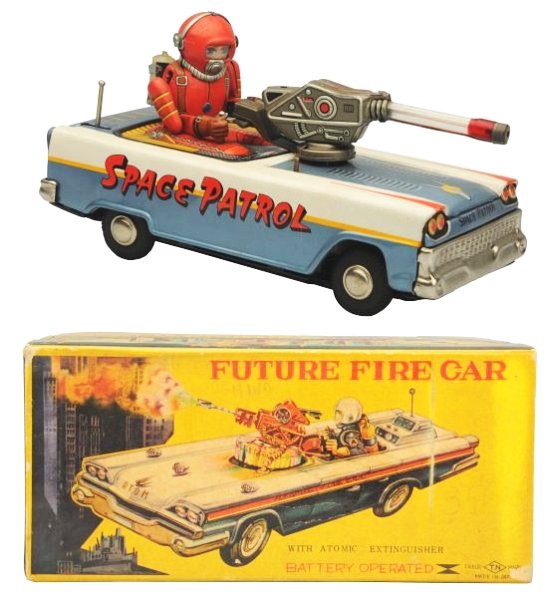 Tin Litho Battery Op. Space Patrol Car.: Made in Japan by Nomura. Has a mismatched box. Box that goes to a similar toy. Working. Needs to be cleaned. Rubber around the antenna has a chip out of it. Fluid in one of the tanks has leaked out. B