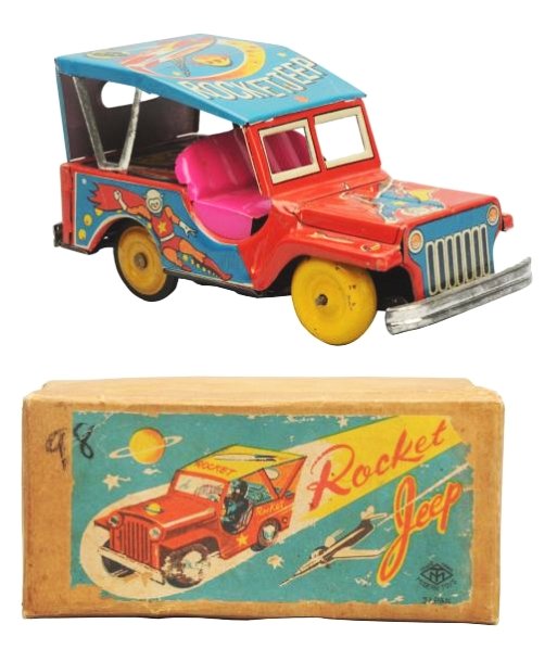 Tin Litho Frictio Rocket Jeep.: Made in Japan by Masudaya. Has box. Has some light scratches throughout. Box has some small chips out of the paper label. Has faded with age. Tear repair to two side panels and two corners. Toy (Excel