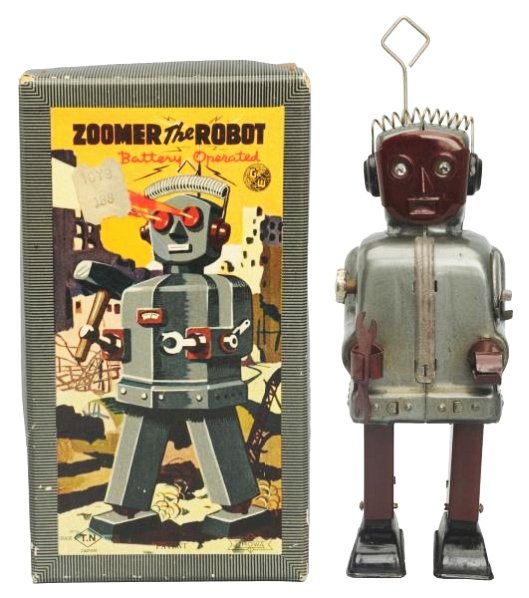 Tin Painted Battery Op. Zoomer the Robot.: Made in Japan by Nomura. Working. Has box. Robot has some oxidation and crazing throughout. Box has some light staining on one side panel. Toy (Good - Very Good). Box (Excellent). Size 7 - 3/4" T.