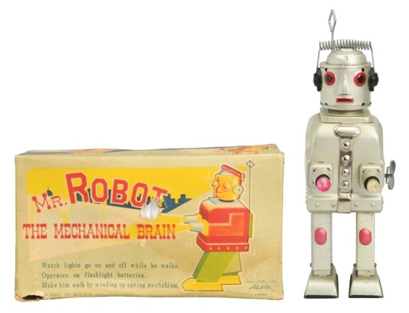 Tin Litho & Painted Tin Mr. Robot the Mech. Brain: Mechanical Brain. Made in Japan by ALPS. Working. Original box. Some wear where the spring antenna moves back and forth. Box has hole in the face of the box. Some areas of tears that have been taped. 