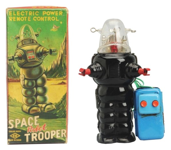 Tin Painted Battery Op. Spacetrooper in Black.: Made in Japan by Yoshia. Working. Has box. Battery box remote has corrosion. Robot itself has one ear that has been glued in place. Box has some tear repairs on two of the side panels. Toy (Good - Ver