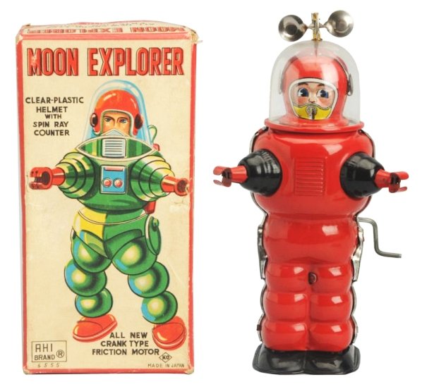 Tin Litho & Painted Crank Wind Moon Explorer..: Made in Japan by Yoshia. Working. Has box. Box has two small tear repairs to the face. Toy (Near Mint). Box (Excellent). Size 6 - 1/2" T.