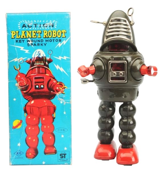 Tin Painted Wind-Up Action Planet Robot.: Olive colored version. Made in Japan by Yoshia. Working. Original Box. One hand has a bit of a a bend in it. Box has some tears to the face. This box normally goes with a more contemporary robot. Toy 