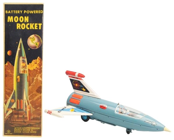 Tin Litho & Painted Battery Op. Moon Rocket XM-12: Made in Japan by Yonezawa. Working. Has box. Toy is missing red tip on the on/off switch and one of the rubber buttons that goes the bottom of a fin is off but there. All the rubber ends to the button