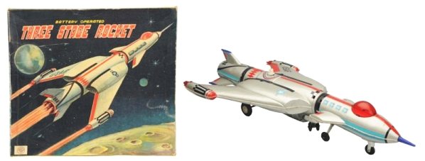 Tin Litho Battery Op. 3 Stage Rocket.: Made in Japan by Nomura. Working. original box. Some scratching and crazing throughout. Three of the plastic tips on one jet are missing and four on the other. A couple of small dents to the rear sect