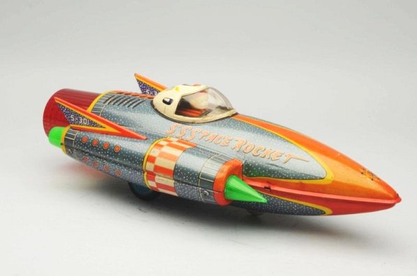 Tin Litho Friction Space Rocket SS-301.: Made in Japan by Yoshia. Working. Spark needs flint. Has box. Has fading to the top some scratches throughout and two cracks in the plastic windshield. Box has some creasing throughout. Some white sta