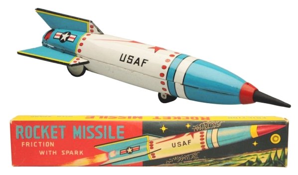 Tin Litho Friction Rocket Missile.: Made in Japan. Working. Has box. Toy ( Near Mint). Box (Near Mint). Size 13 - 3/4" L.