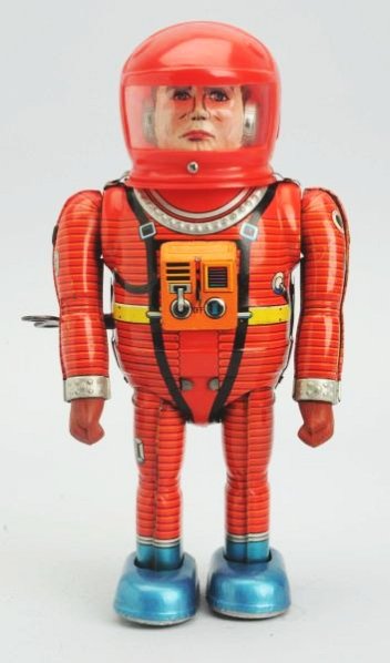 Tin Litho Wind-up Astro Man Robot.: Made in Japan by Nomura. Working. No box. Top half of the feet are replaced. One foot mechanism has been repaired on the inside. Crazing throughout and scratches throughout. Key is a replacement and t