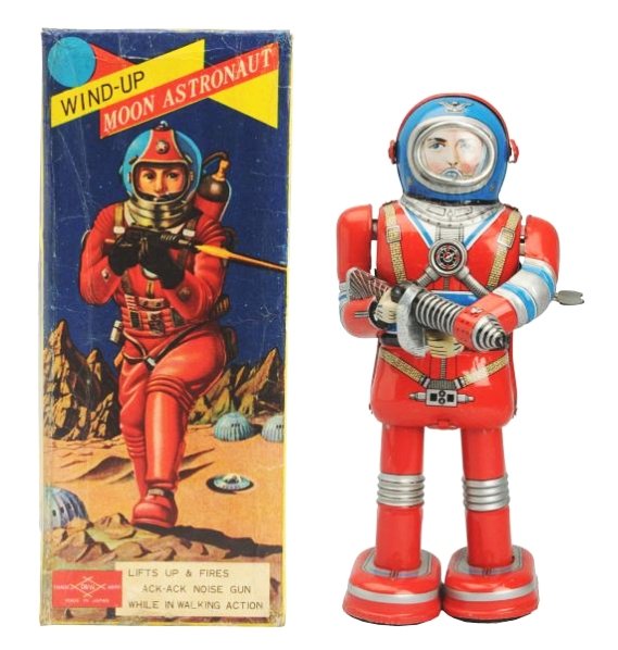 Tin Litho Wind-Up Moon Astroanaut.: Made in Japan by Diaya. Working. Has box. Slight rub to the back of the head. Box has some creasing and tear repairs. Toy (Excellent - Near Mint). Box (Very Good - Excellent). Size 9" T.