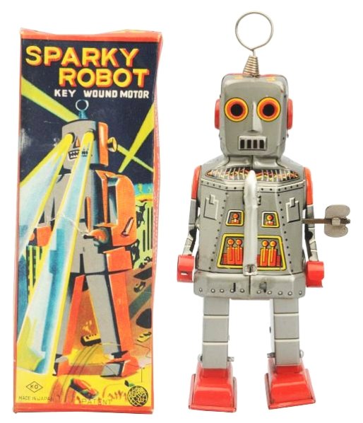 Tin Litho Wind-up Sparky Robot Silver.: Made in Japan by Yoshia. Working. Has box. One tab to the front of robot is missing. Box has tear repair to face. Needs flint. Toy (Excellent). Size 6 - 1/2" T.