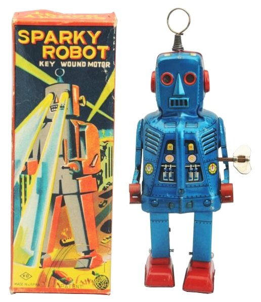 Tin Litho Wind-Up Sparky Robot Blue Litho Version: Made in Japan by Yoshia. Some light scratching throughout. Regular style box. needs flint. Toy (Excellent). Box (Excellent). Size 6 - 1/2" T.