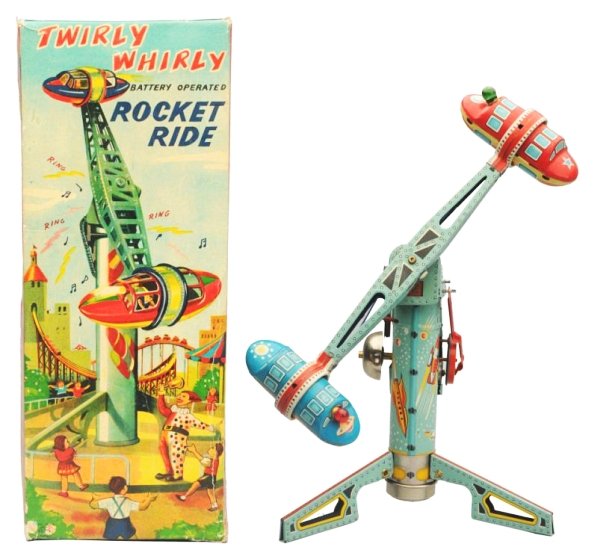 Tin Litho Battery Op. Twirly Whirly Rocket Ride.: Made in Japan by ALPS. Working but belt is loose. Small bit of paint loss on the armature that runs from the drive to the armature that runs from the drive to the drive wheel. Box has some tape in one