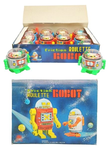 Tin Litho & Plastic Friction Drive Store Display.: Roulette Robots. Working. Original box. Toys (Near Mint). Boxes (Excellent - Near Mint). Size Box: 11" L.