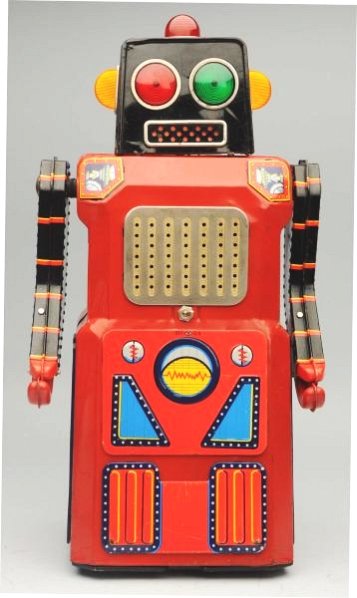 Tin Litho & Painted Battery Op. Giant Sonic.: AKA Train Robot. Works. No box. Toy has crazing throughout the toy. An indentation to the top of the head. Oxidation to the chrome shoulder grommets. Robots left arm has some repaint around the should