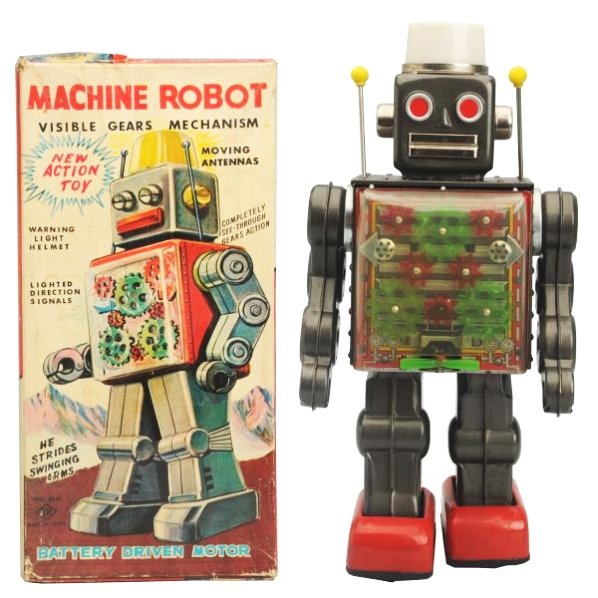 Tin Litho & Painted Battery Op. Machine Robot.: Made in Japan by Horikawa. Has box. Chest plate is a replacement. The switch has some melt marks on it. Balls on the tip of the rods on the shoulder are replacements. Has small area of heavy oxidation