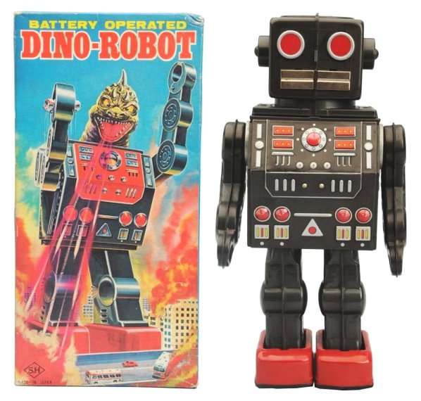 Tin Litho & Plastic Dino Robot.: Made by Horikawa. Working. Has box. Box has two corner tears and some slight creasing. Toy (Near Mint). Box ( Excellent - Near Mint). Size 11 - 1/4" T.