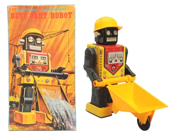 Tin Litho & Painted Battery Op. Busy Cart Robot.: Made in Japan by Horikawa. Working. Has box. Robot has some oxidation on the back of the leg and on the back of the robot and inside the battery box. Box has one small tape repair on one side panel an