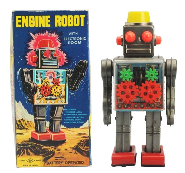 Tin Litho & Painted Engine Robot.: Made in Japan by Horikawa. Working. Original box. Toy has some oxidation on one of the legs and on the inside of the battery box. Toy (Very Good). Box (Near Mint). Size 8 - 3/4" T.