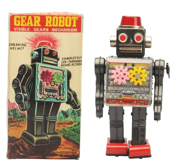 TIn Litho Wind-up Gear Robot.: Two gear version. Made in Japan by Horikawa. Toy has some light crazing to the back of the robot. Needs flint. Toy (Excellent - Near Mint). Box (Near Mint). Size Box: 9" T.