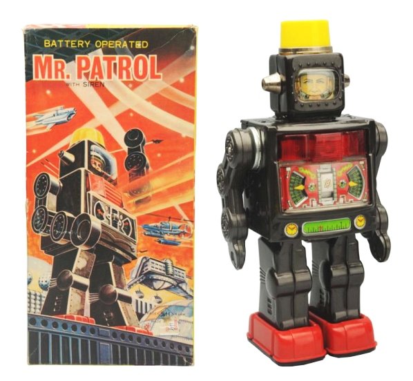 Tin Litho Battery Op. Mr. Patrol.: Made in Japan by Horikawa. Box has some light edge wear and slight wear to the corners. Toy (Near Mint). Box (Excellent - Near Mint). Size Box: 12 - 1/4" T.