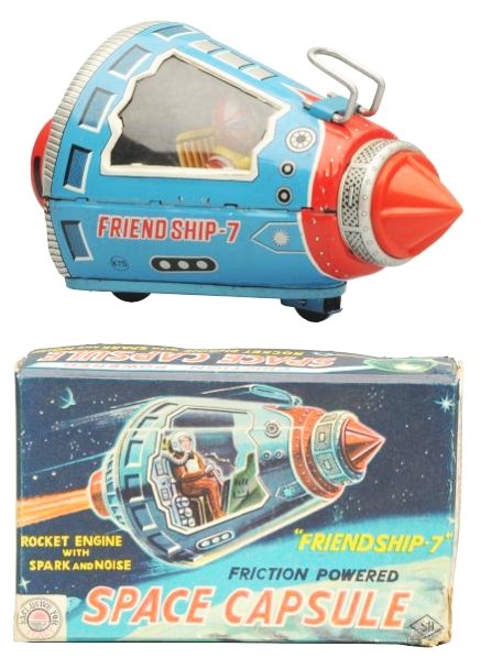 Tin Litho Friction Space Capsule Friendship 7.: Made in Japan by Horikawa. Working. Has box. Box has one corner area of paper missing along with some discoloration and tears. Toy (Near Mint). Box (Good). Size 6 - 3/4" L.