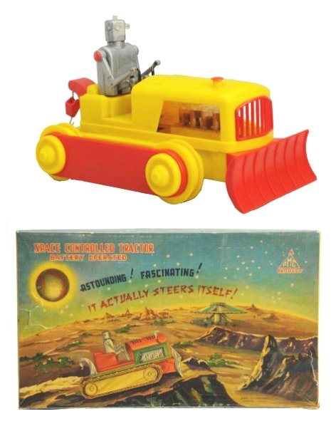 Plastic Battery Op. Space Controlled Tractor.: Made in Hong Kong by PMC. Working. Has box. Tractor treads have broken and is missing the generic rubber band that goes from the motor to the fan. Box has a clean puncture to the face and one tear rep