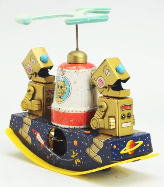 Tin Litho Wind-Up Space Kitty Robot.: Made in Japan. Working. Has box. Toy has heavy crazing throughout. The gold grommet at the top is replaced. Antenna is a replacement. Toy (Good). Box (Near Mint). Size 6 - 1/2" L.