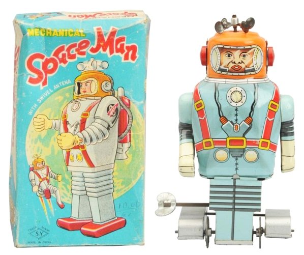 Tin Litho Wind-up Spaceman Robot.: Made by Yoneya. Working. Has box. Box has several creases throughout. Toy (Near Mint). Box (Very Good - Excellent). Size 5 - 1/2" T.