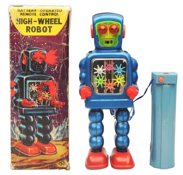 Painted Tin & Litho Battery Op. Highwheel Robot.: Made in Japan by Yoshia. Working. Has box. Box has several creases throughout and tear repairs. Toy (Near Mint). Box (Good - Very Good). Size 8 - 3/4" T.