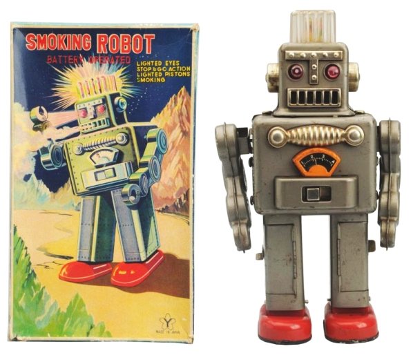 Tin Litho & Painted Batter Op. Smoking Robot.: Made in Japan by Yonezawa. Working. Robot has several areas of scratches, oxidation and some dents throughout. Box has several corner tears and some tear repairs on the side panels. Toy (Good). Box. (