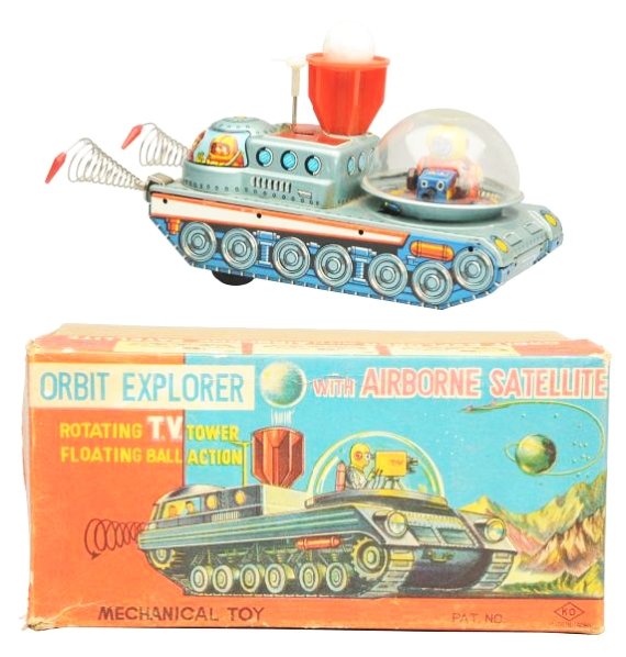 Tin Litho Wind-up Orbit Explorer.: Has original box. Some very light scuffing to the dome. Toy (Excellent - Near Mint). Box (Near Mint). Size 8 - 3/4" L.