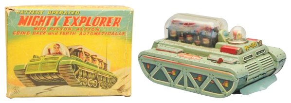 Tin Litho Battery Op. Mighty Explorer.: Made in Japan by Yonezawa. Has box. Toy has some very small stress lines in the back of the dome and some factory touch ups on the base. Some crazing on inside of batter door. Light does not turn on. 