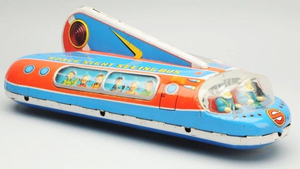 Tin Litho Battery Op. Space Sight Seeing Bus.: Made in Japan by Masudaya. No Box. Working. Toy has several areas of oxidation especially to the top fin and around the windows. Some crazing throughout and around the battery door. Toy (Good). Size 1