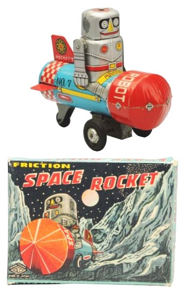 Tin Litho Friction Space Rocket.: Made in Japan by Yoneya. Has box. Box has two corner tears and some light creasing. Toy (Near Mint). Box (Excellent). Size 6" L.