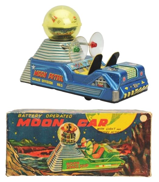 Tin Litho Moon Car.: Made in Japan by Linemar, working but does not move correctly. Has box. Size 12 - 1/2" L.