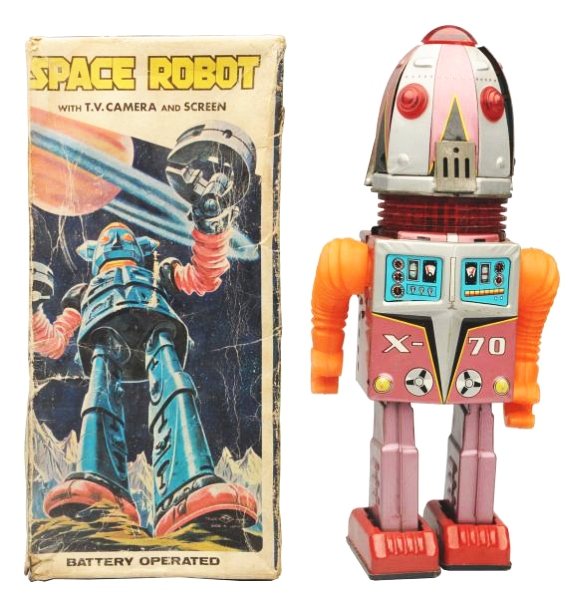 Tin Litho & Plastic Battery Op. Space Robot X-70.: Made in Japan by Nomura. Has box. Toy has some rubs to the high points. Some oxidation on the chrome parts and crazing throughout. Box has several creases throughout and some wear throughout all panel