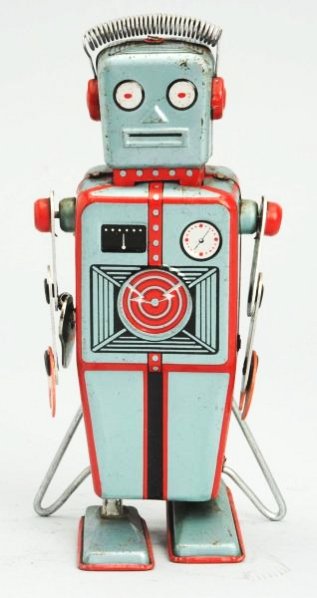 Tin Litho Wind-up Easel Back Robot.: Made in Japan by Yonezawa. Working. No box. Crazing throughout and some oxidation to the head and back of the robot. Toy (Very Good). Size 5 - 3/4" T.