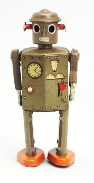 Tin Litho & Painted Wind-Up Atomic Robot Man.: Tin Armed Version. Made in Japan. Working. Has partial box. Has an area on back where a small tag has lifted a small amount of paint off. Box is flattened and only partial. Toy (Excellent). Size 5" T.